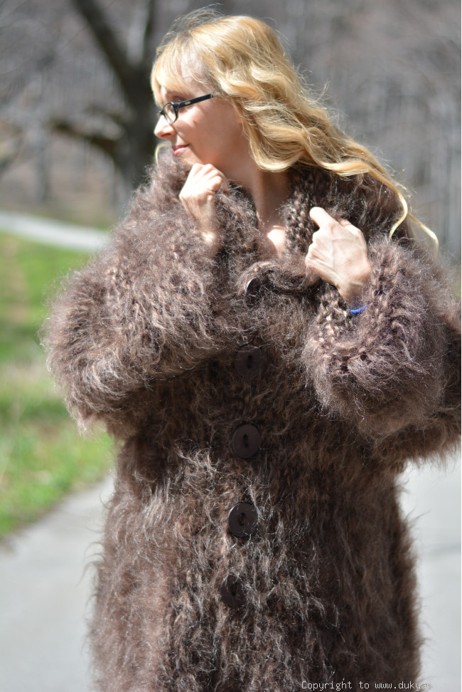 Hand knitted chunky and fuzzy hooded mohair coat/CA10